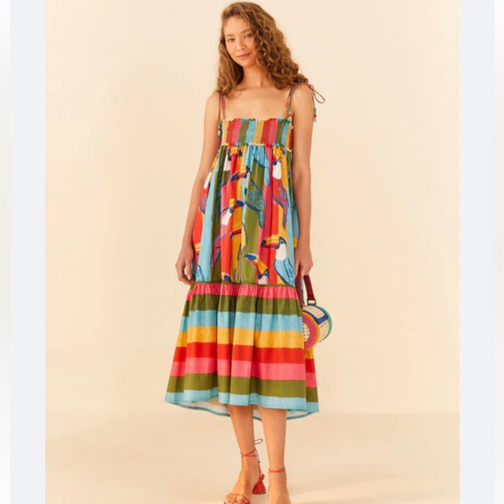 FARM Rio Multicolor Striped & Toucan Print Midi Dress